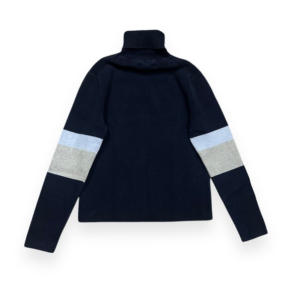 VTG 90s Women’s Eddie Bauer Cropped Navy Knit Turtleneck with Striped Sleeves - Picture 3 of 4